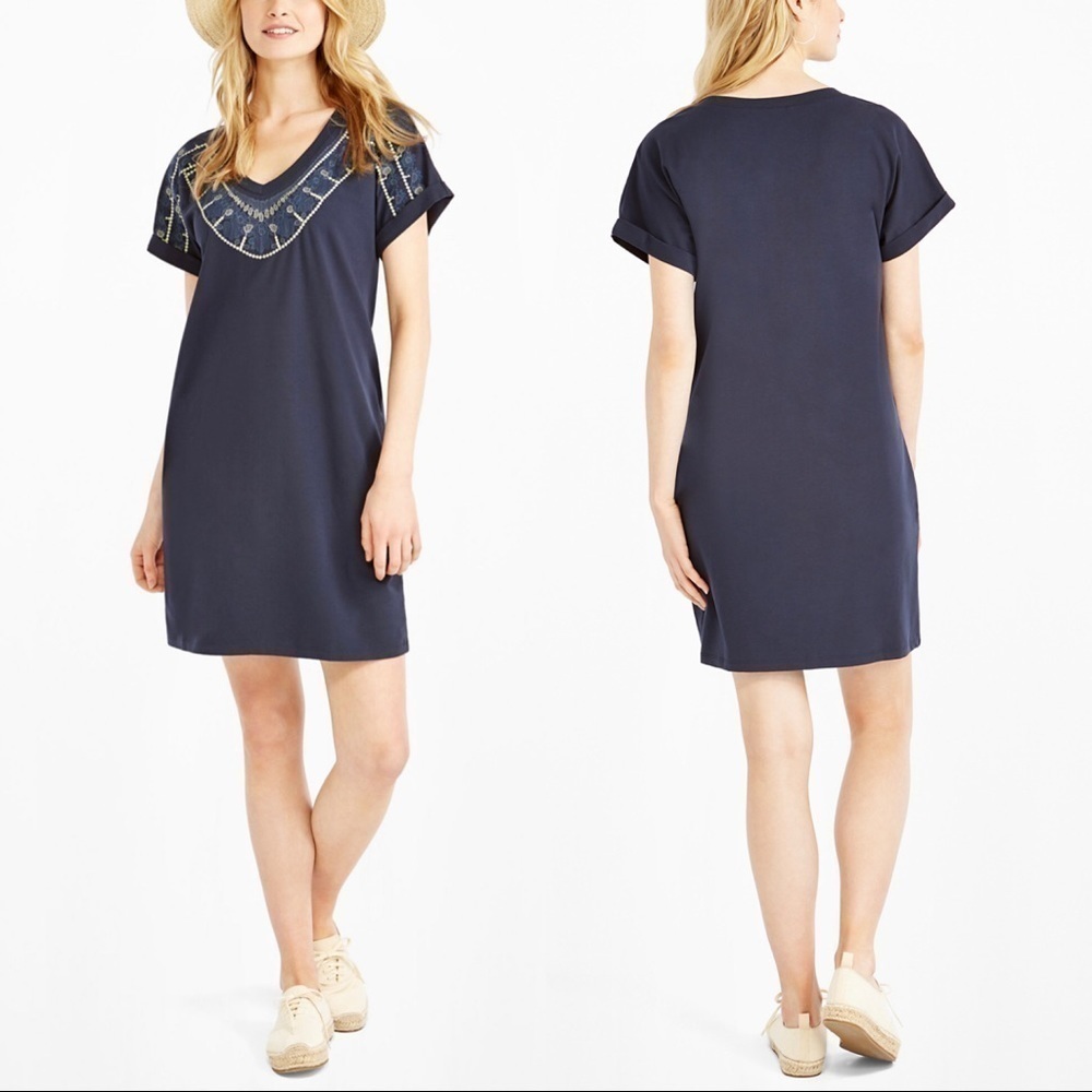 NEW NIC+ZOE Pier Embroidered Cotton T-Shirt Shift Dress Dark Indigo Blue